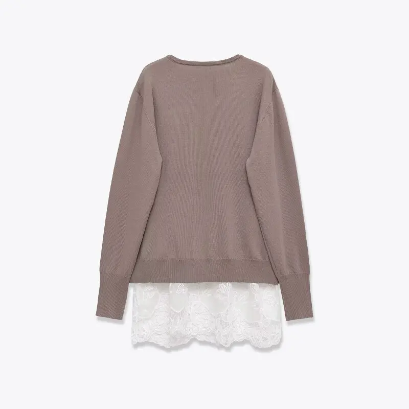 Women's Loose Fit V-Neck Lace Trim Long Sleeve Knit Sweater Simple Style Patchwork Pullover Top