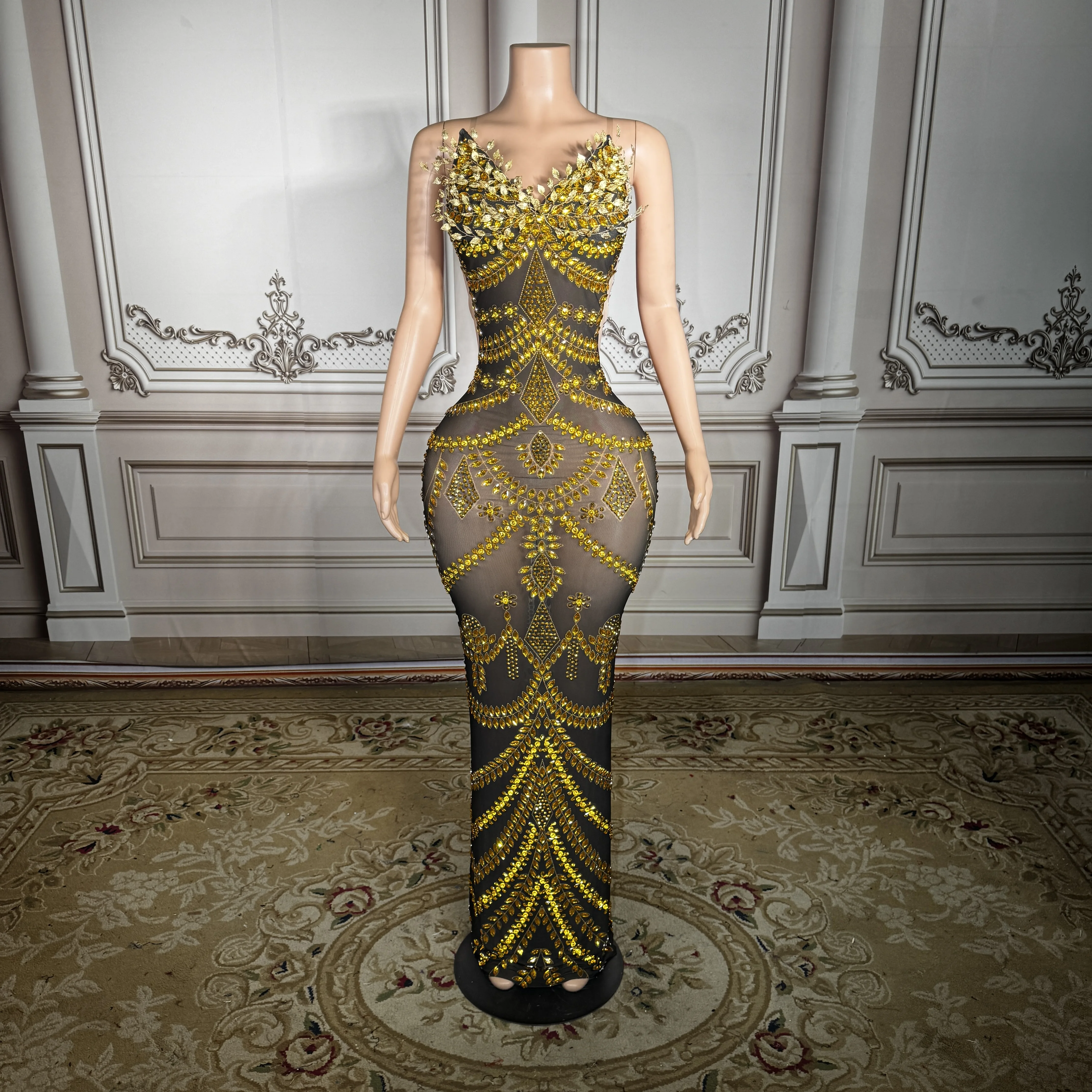 

ZD Gorgeous Crystal Prom Dress Sexy Black Mesh Illusion Side Cutout Evening Gown Luxury Sparkling Gold Rhinestones Long Dress
