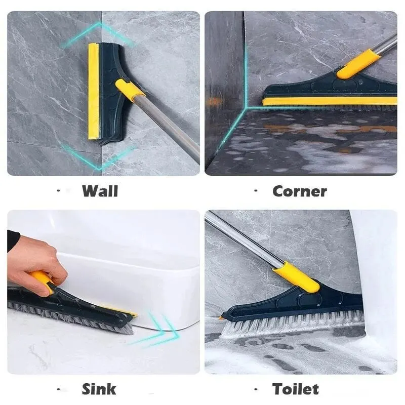 Multi-Purpose Floor And Wall Cleaning Brush Bathroom Windows Wall Tile Cleaning Brush With Scraper Long Handle Scrubbing Tool