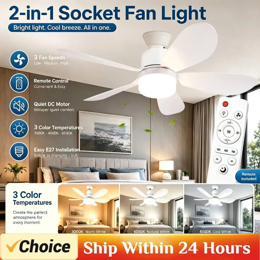 LED 30W Ceiling Fan Light E27 with Remote Control For Dimming Fan,Suitable for Living Room, Study, Household Use, 85-265V