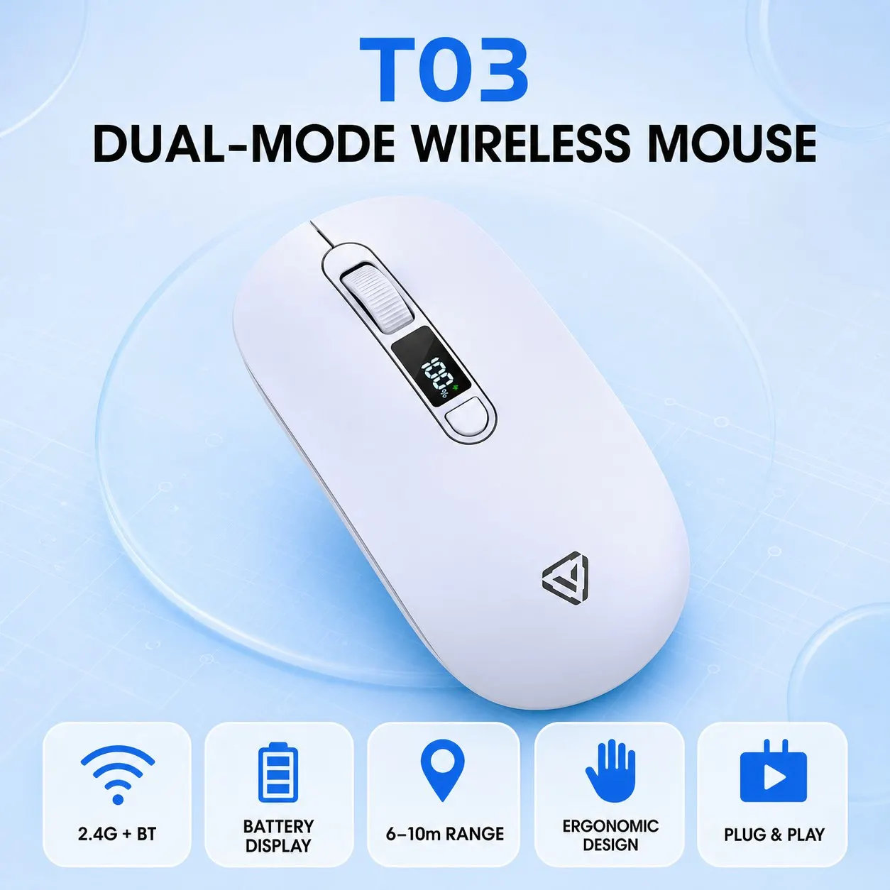 APAYADO T03 Mouse, 2.4GHz and Bluetooth Connection, 500mAh Battery, USB-C Charging port, 800 / 1600 / 2400 / 3200 DPI levels