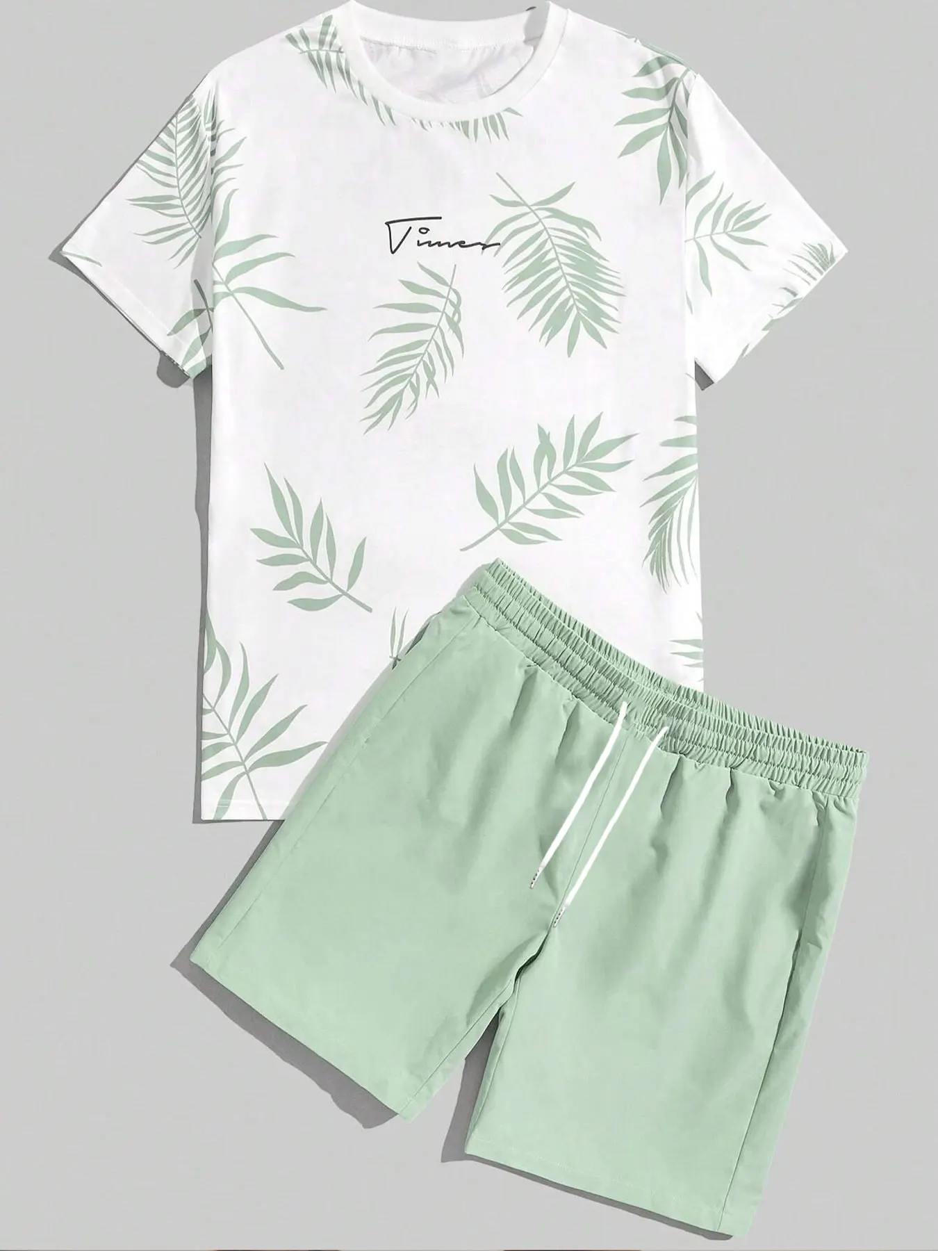 

Men‘s Summer Two Piece Set Fresh Leaf Print Round Neck Casual Breathable Short Sleeve Five Point Drawstring Shorts With Pocket