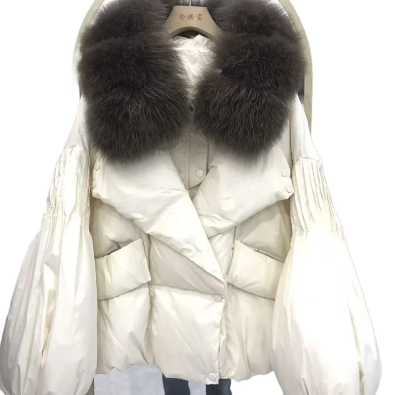 

New Down Jacket Women's Lantern Sleeves Suit Collar Versatile Light Luxury Fur Jacket European American Style Thickened Genuine