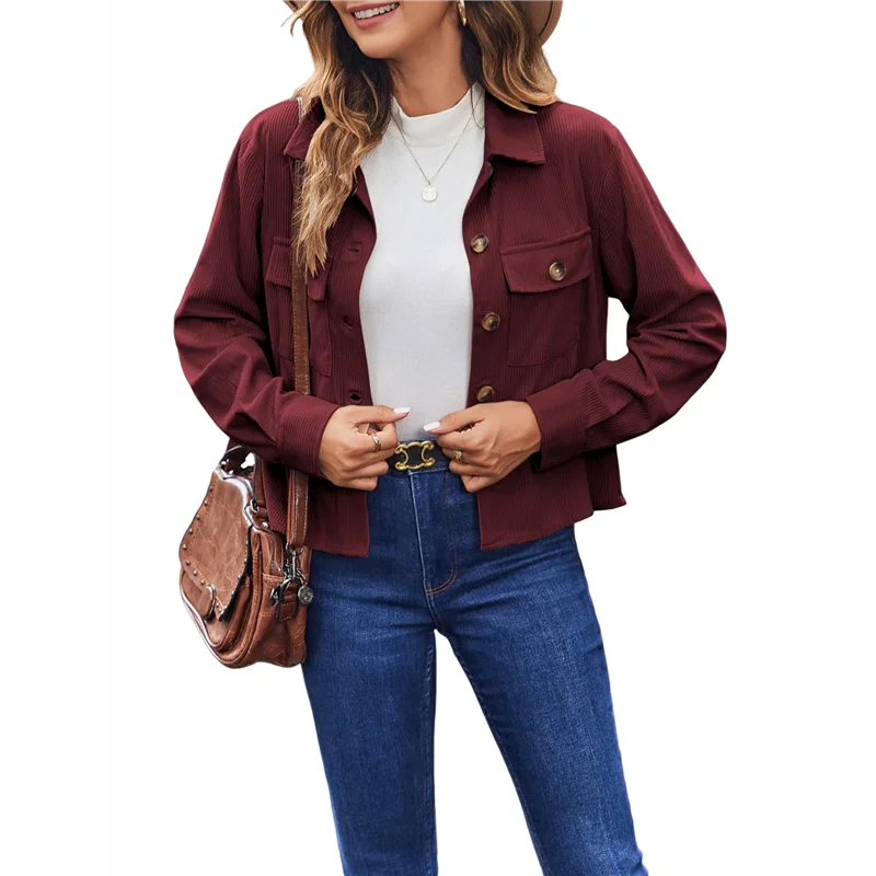 

NEW-Womens Fashion Cropped Shackets Corduroy Button Down Crop Jackets Tops Long Sleeve Shirts Trendy 2025