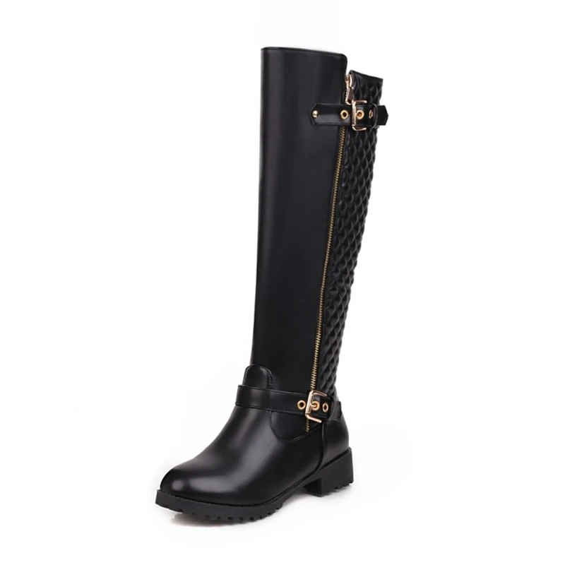 

Knee High Boots Women Fashion Round Toe Autumn Winter Med Heels Belt Buckle Zipper Leather Platform Long Boots Big Size 44 H8-20