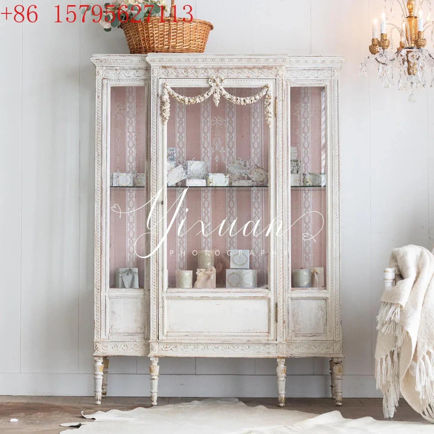 

French Antique-Style White Distressed Solid Wood Carved Sideboard Single Door Decorative Cabinet High-End Furniture