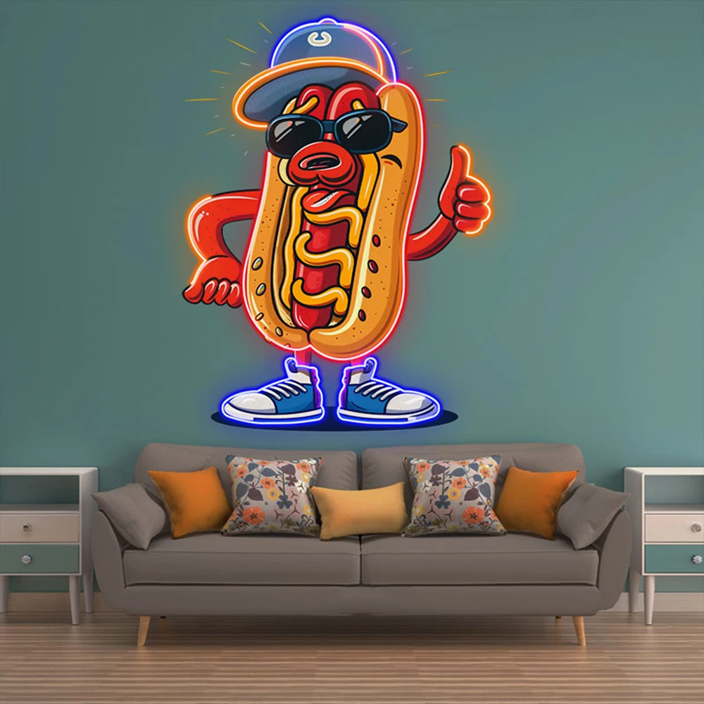 Cool Hot Dog Neon Sign Funny Hot Dog with Sunglasses LED Light Custom Restaurant Kitchen Wall Decor Food Shop Night Light Sign