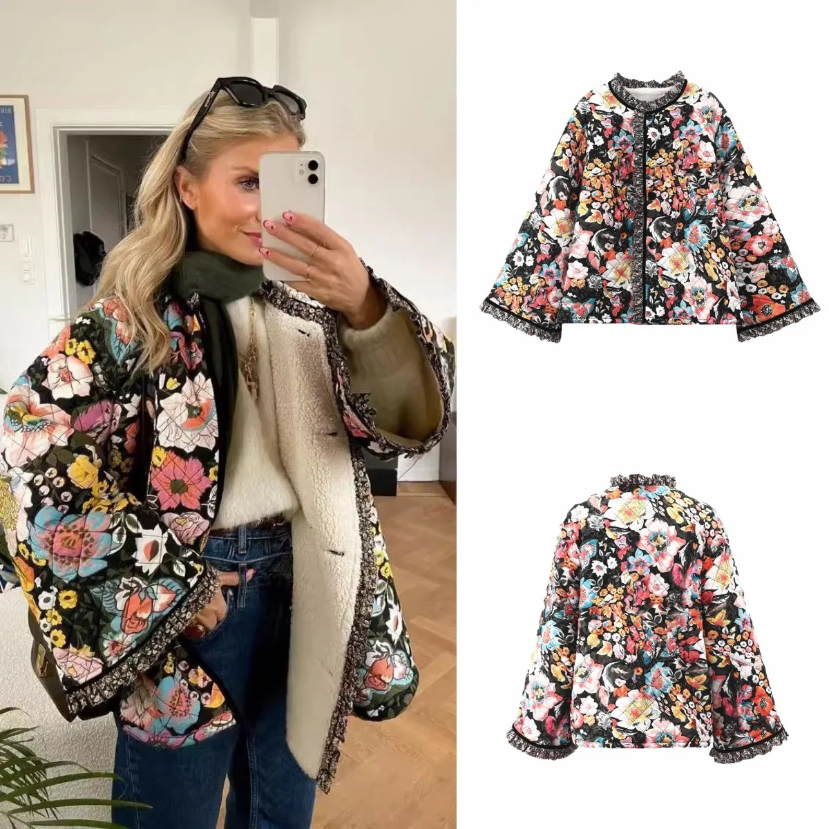 

Autumn Winter Women Loose Quilted Jacket Floral Print Button Down Long Sleeve Padded Coat Warm Outwear Vintage Jackets