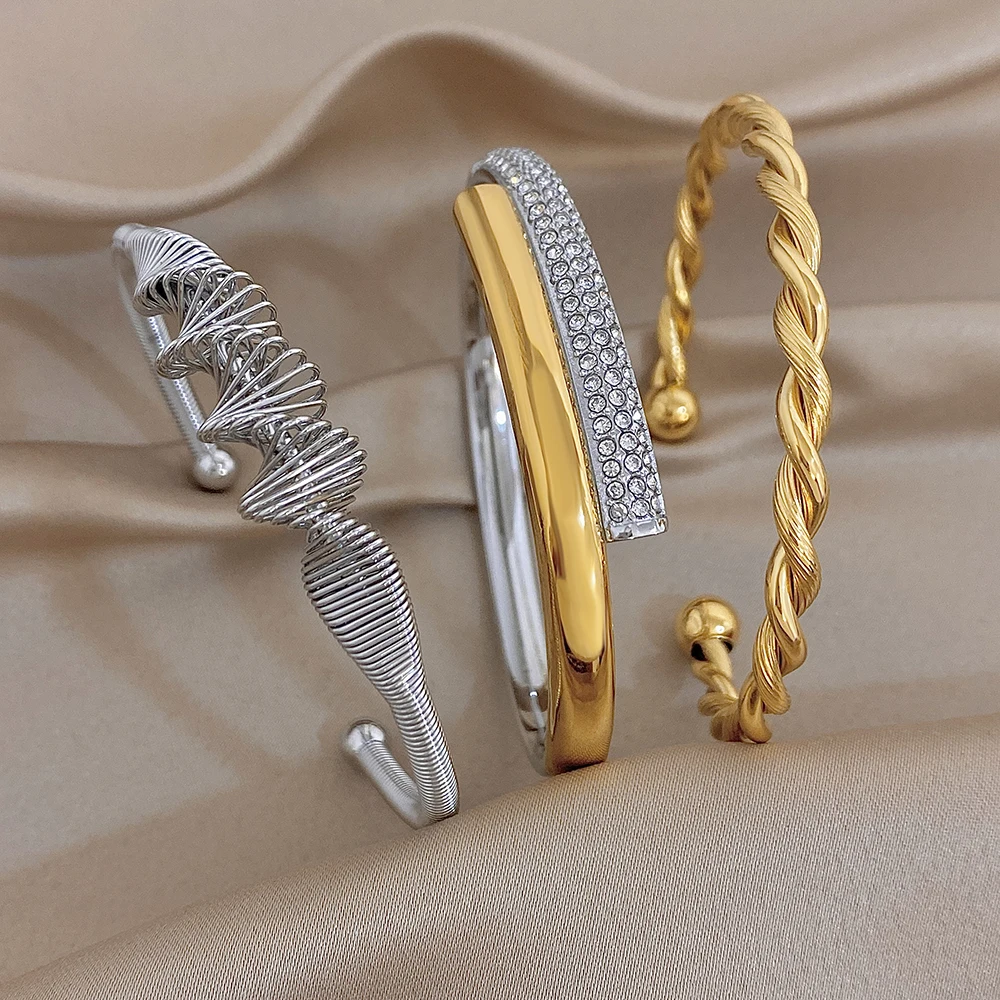 Greatera Geometric Spiral Line Open Bracelet Personalized Twisted Stainless Steel Two Tone Unique Men Women's Popular Bangles