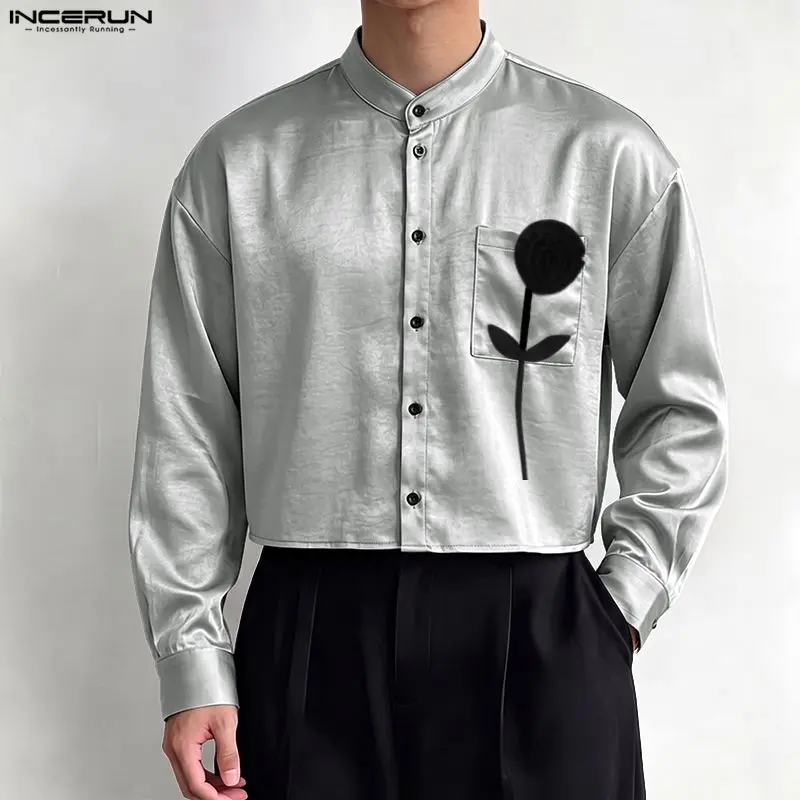 INCERUN Men Shirt Flower Patchwork Long Sleeve Stain Loose Men Clothes Streetwear Fashion Casual Crop Tops For Man Camisas 2026