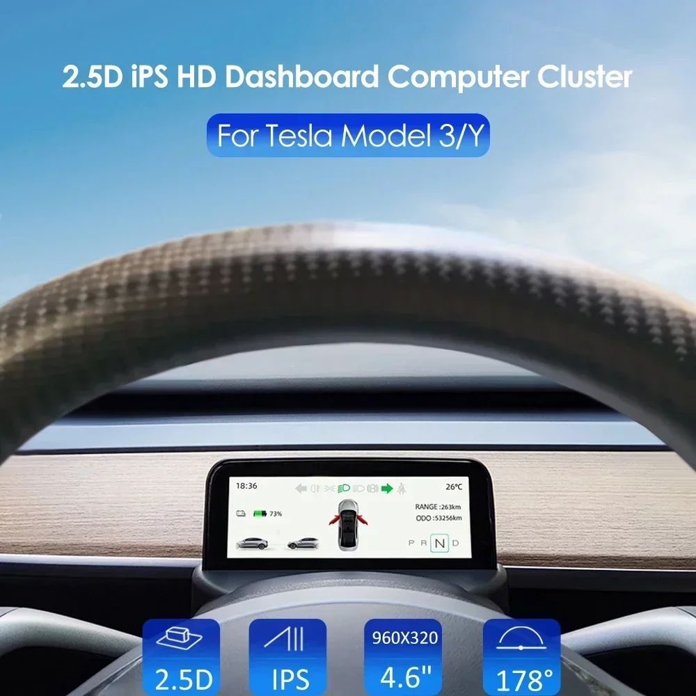 4.6 Inch 2.5D IPS Multi-Function Digital Performance Meter Instrument HUD Smart LCD Dashboard Display for Tesla Model 3/Y