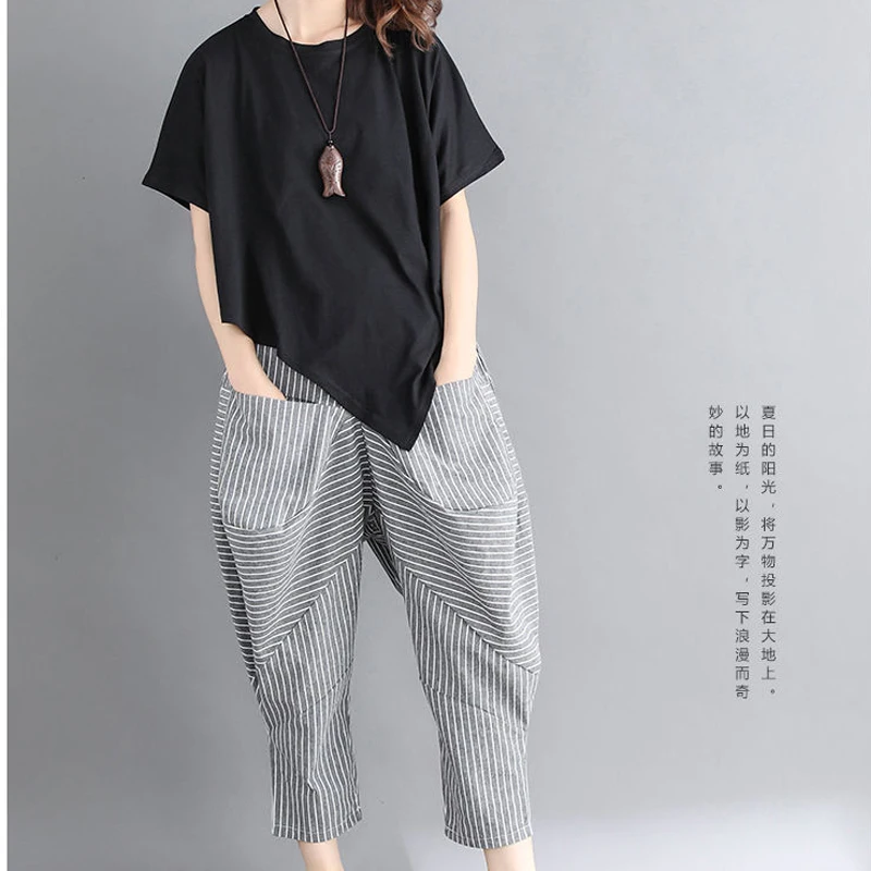 Korean Elegant Fashion Solid Color Short Sleeve T-Shirts Sets Women Elastic Waist Striped Irregular Cotton Hemp Haren Pant Suits