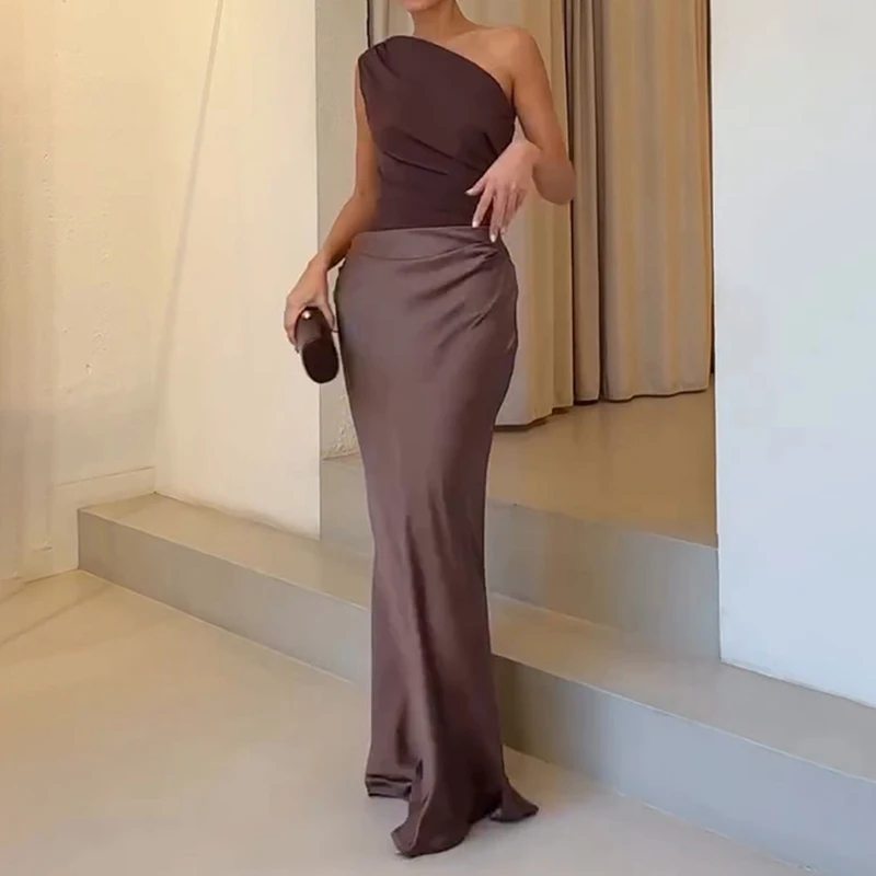 Luxuriöses, ärmelloses Satin-Wickelkleid mit Hüften, elegantes Damen-Sexy-Patchwork-dünnes Kleid 2025, lässiges, farbblockiertes Slash-Ausschnitt-Partykleid