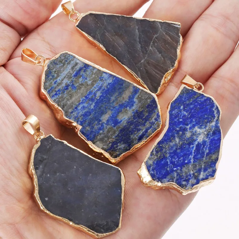 5pcs Irregular Gold Edge Lapis Lazuli Black Moonstone Labradorite Slice Pendant DIY Necklace Jewelry Making Accessories