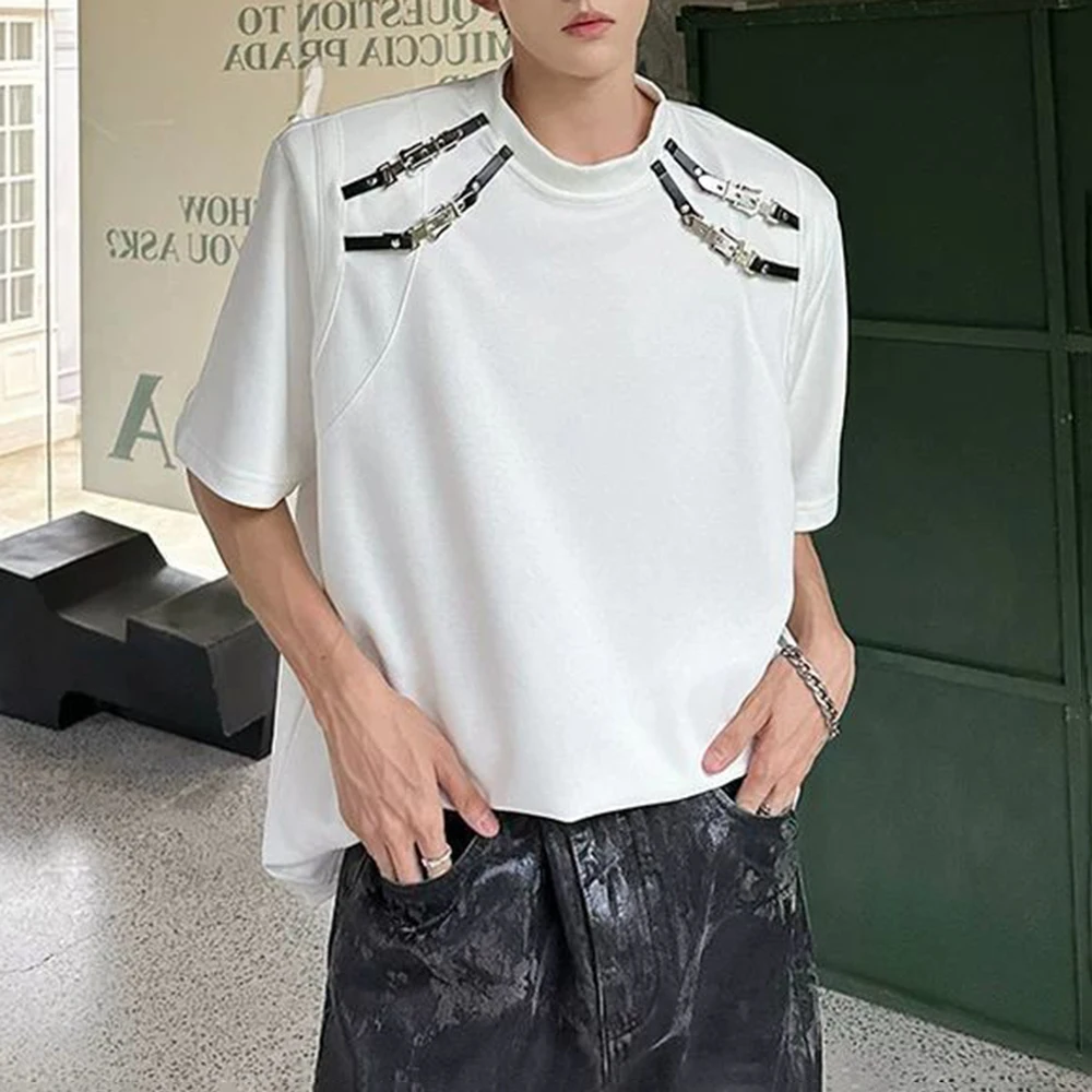 

2025 Summer New Men's Metal Button Splicing Short Sleeve T-shirt American Casual Fashion Trend Loose Street Hip Hop Men's Tops