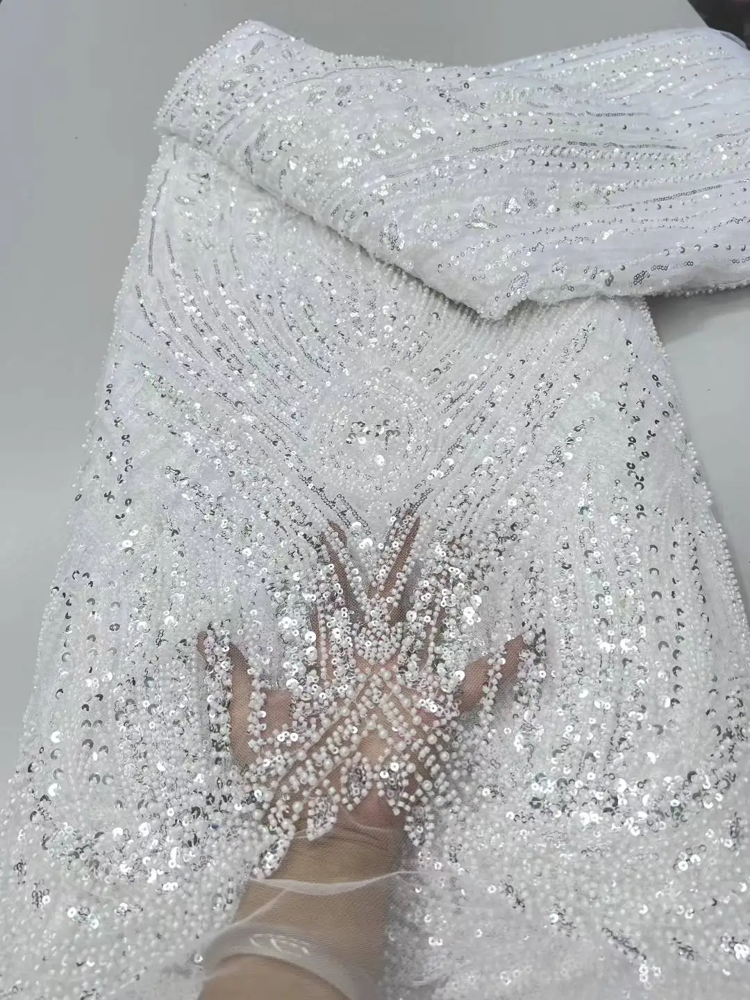 Africano frisado de alta qualidade lantejoulas nigerianas com renda pérola tecido renda tule francês para vestido festa costura
