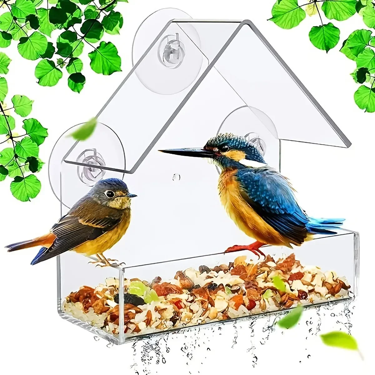 Acrylic Bird Cage Hummingbird Feeder House ,Transparent  Wild Table Removable Suction Cups Sliding Feed Tray,Wall Mounted Feeder