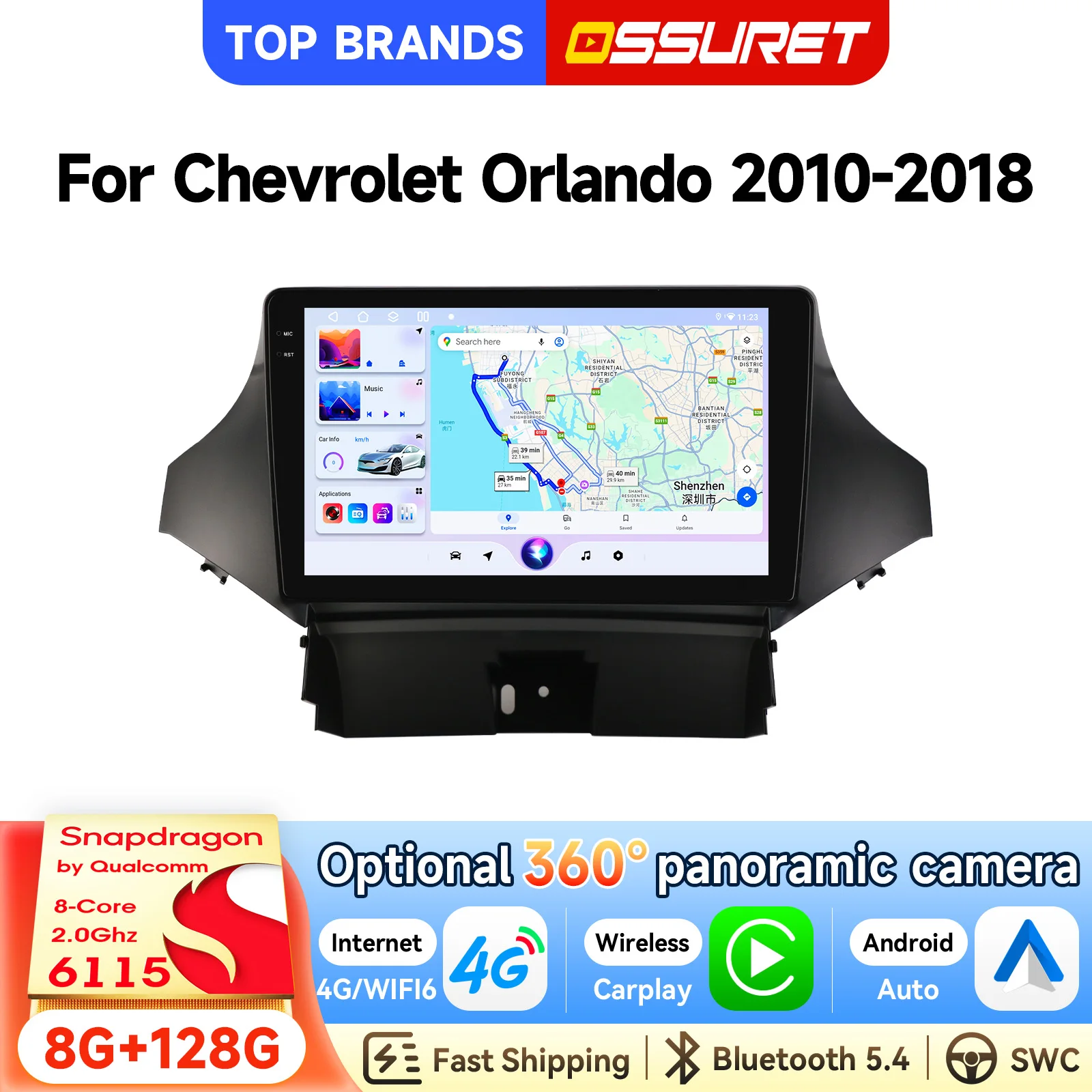OSSURET Spedizione Rapida 2 Din 9'' Android 15 Autoradio con Navigazione GPS per Chevrolet Orlando 2010-2018 Unità Principale Intelligente con CarPlay Wireless Android Auto SWC Octa Core RDS DSP Audio