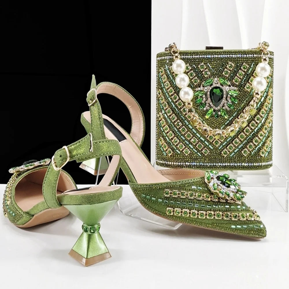 Nigerian Pretty Ladies Shoes And Matching Bag Set Newest Italian Style Rhinestone High Heels Shoes And Bag Set Party