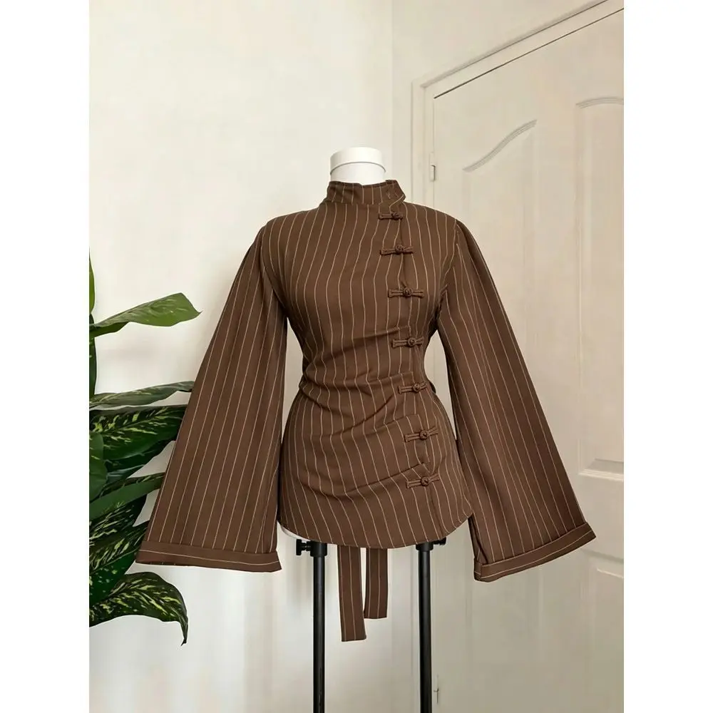 New Chinese Buckle Striped Placket Top Women's National Style Stand-up Collar Horn Sleeve Waist Lace-up Shirt