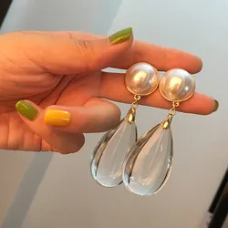 New 2023 Korean Transparent Resin Pearl Water Drop Earrings for Women Exaggerated Big Crystal Pendant Statement Earrings Jewelry