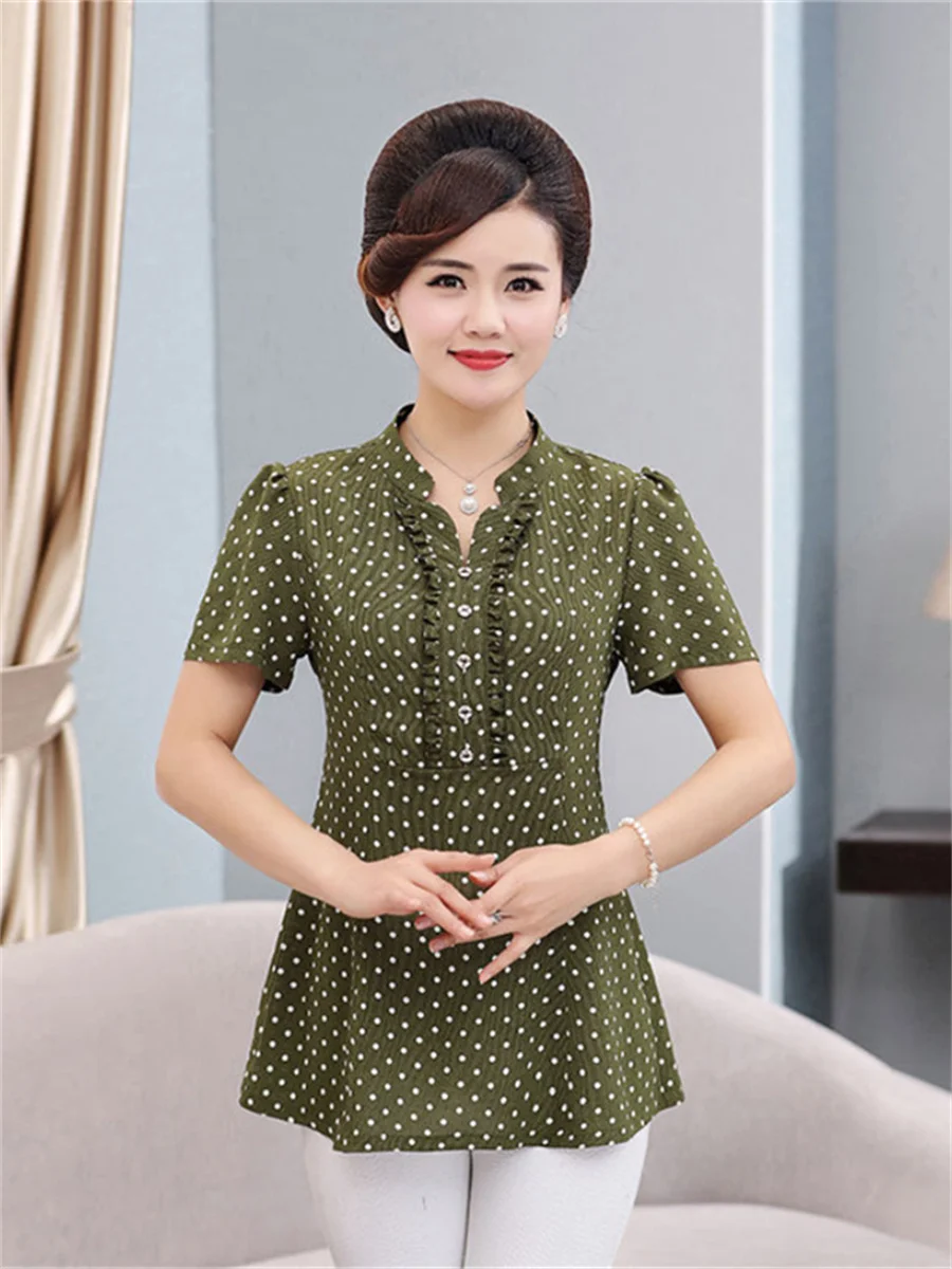 

5XL Loose Women Spring Summer Shirts Lady Fashion Casual Short Sleeve V-Neck Collar Polka Dots Blusas Tops TT2036