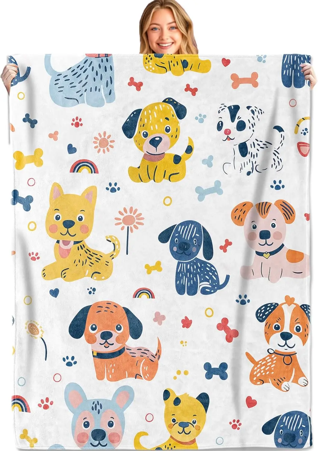 Cute Puppy Dog Throw Blanket,Soft, Lightweight Flannel,Adorable Cartoon Dogs with Rainbow, Flowers, and Bones on White Blankets