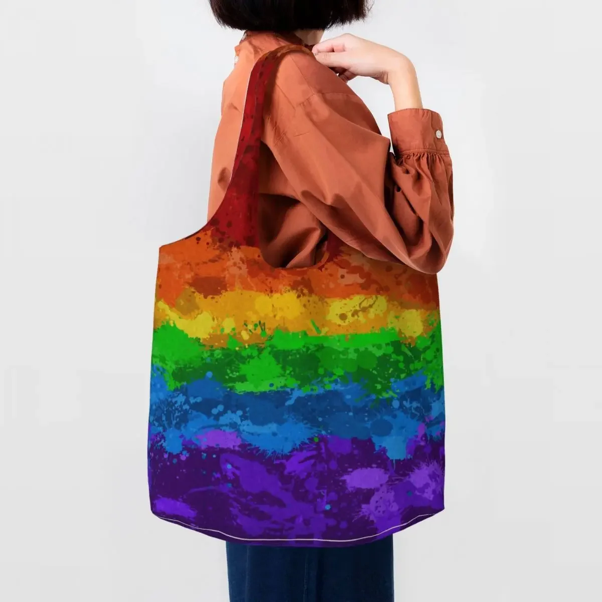 LGBT Rainbow Paint Splatter Flag Canvas Shopping Bags Durable Large Capacity Grocery GLBT Gay Lesbian Pride Tote Shopper Bags