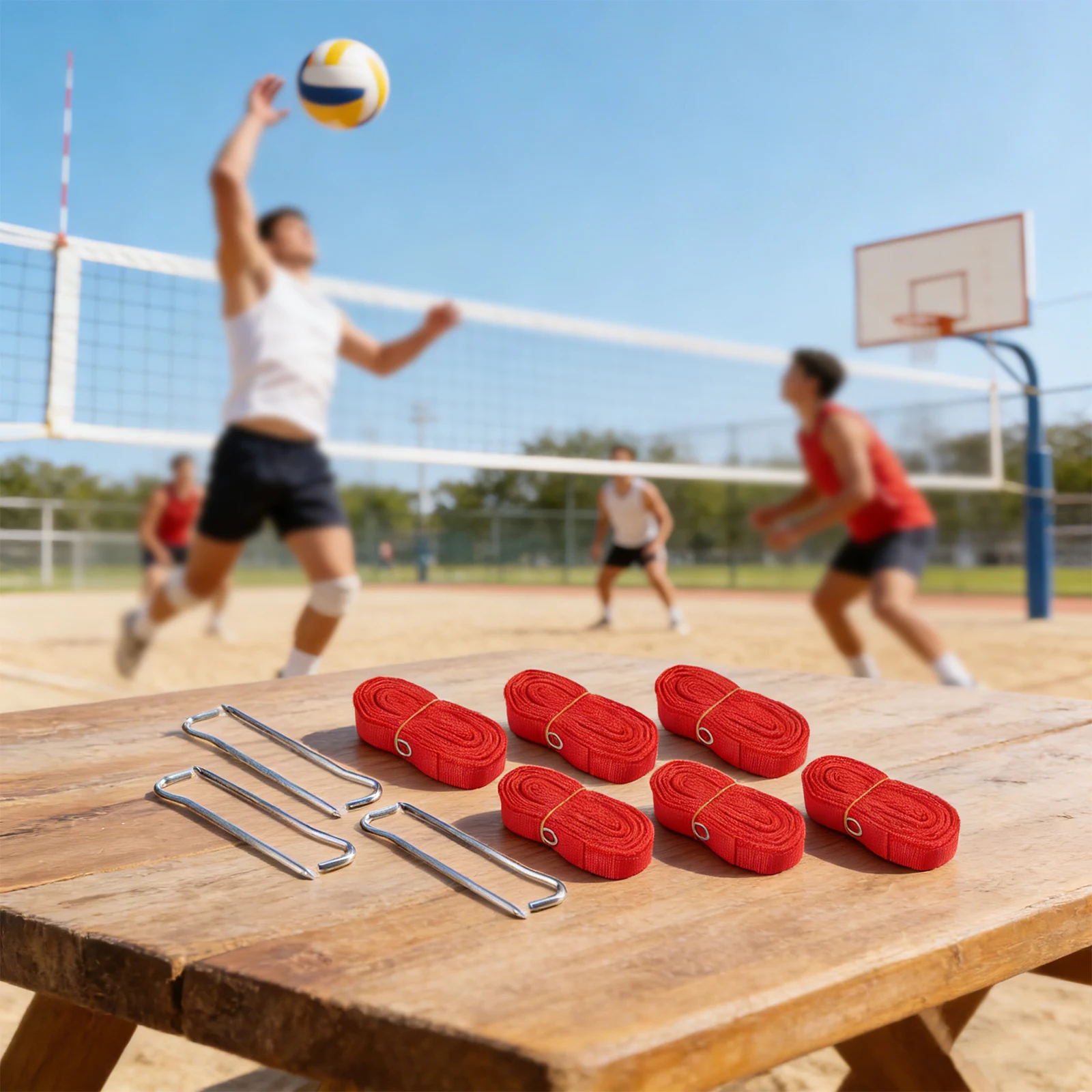 Beach Volleyball Boundary Line Kit with Ropes and Ground Stakes for Outdoor Sand or Grass Court Boundary Identification
