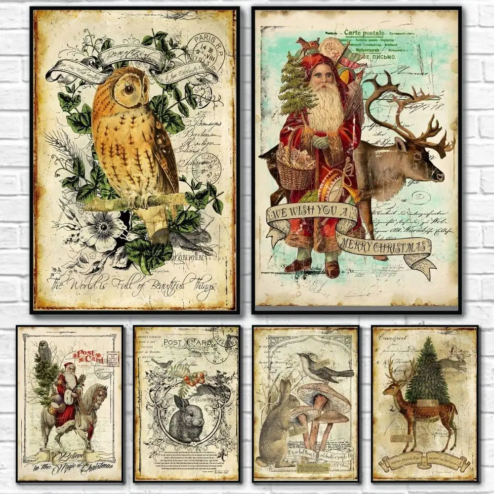 

Retro Animal Christmas Poster Home Living Bed Room Bar Hallway Sticky Wall Art Printing Waterproof Aesthetic Decor
