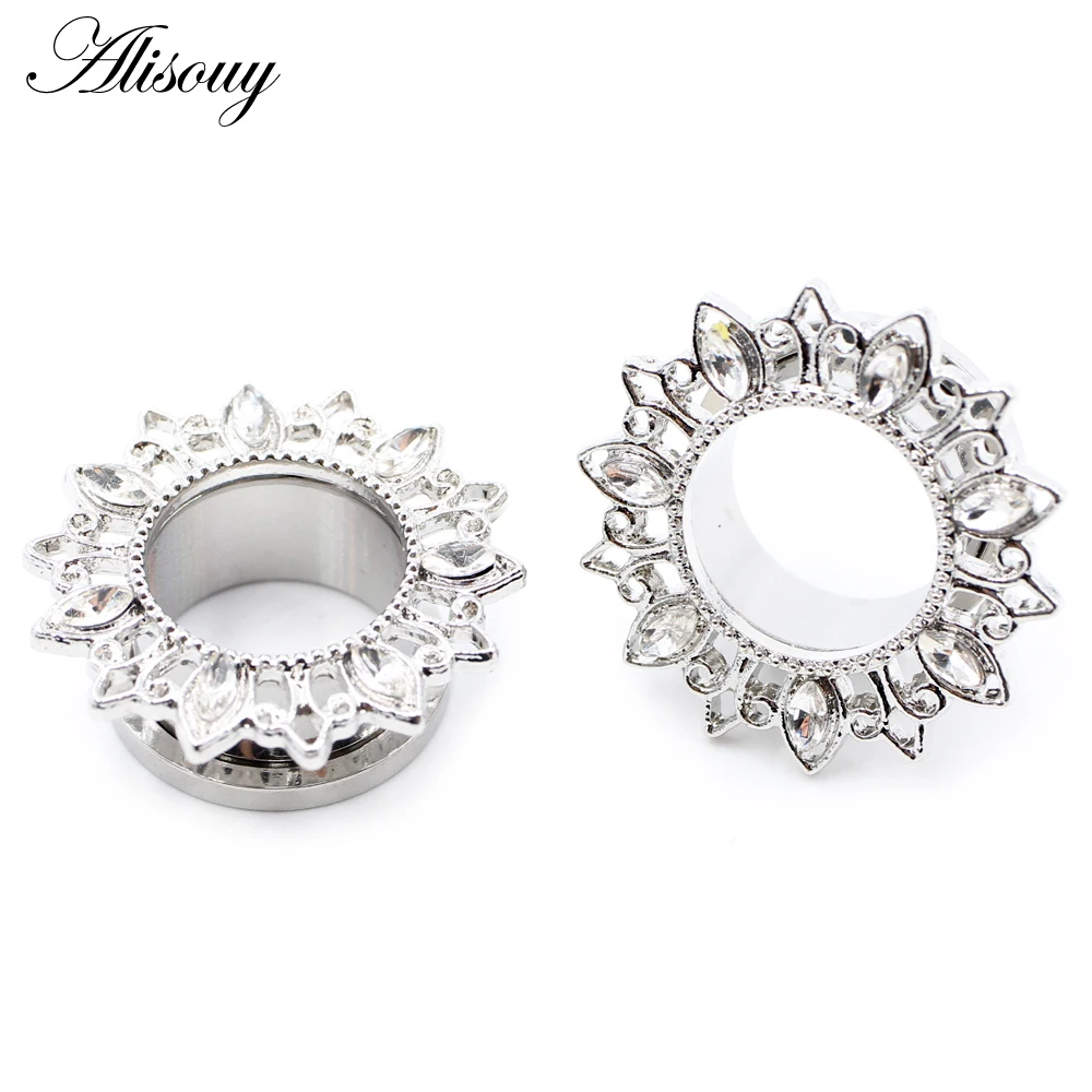 Alisouy 2 Stück Edelstahl Blume Zirkonia Mond Stern Uhr Herz Schraube Ohr Tunnel Plugs Expander Messgeräte Körper Piercing Schmuck – Detail 11
