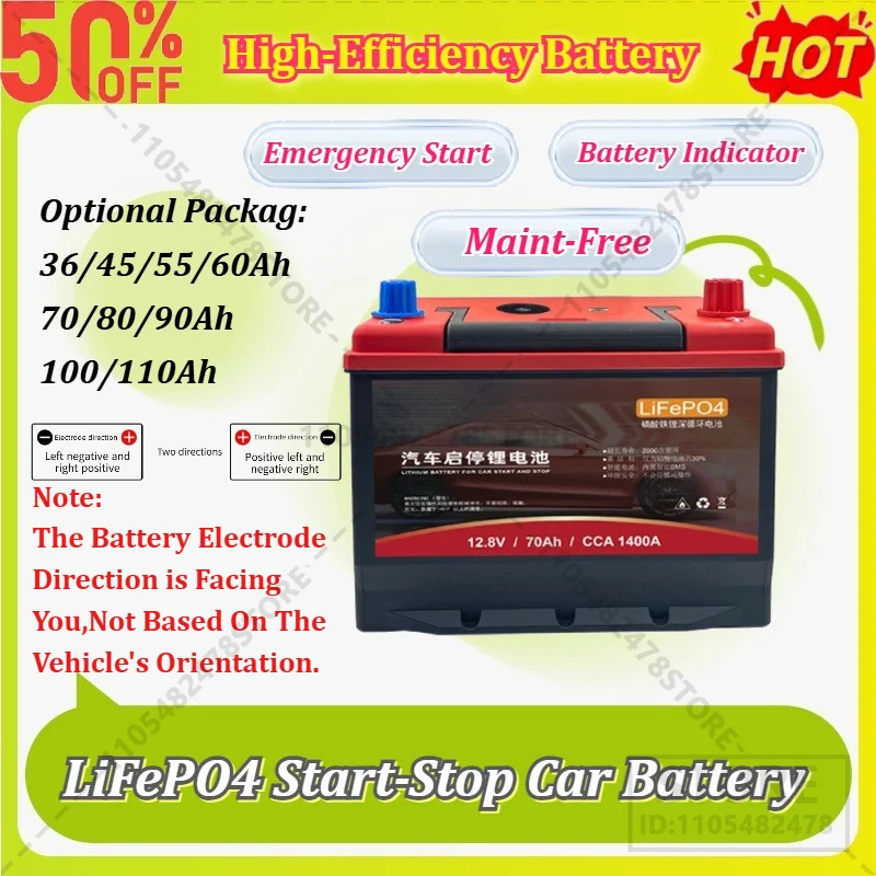 Upgraded 12.8V 36-110Ah LiFePO4 Start-Stop Car Battery Maint-Free HighCap Starter Car Audio CCTV Backup Lead-Acid Replacement
