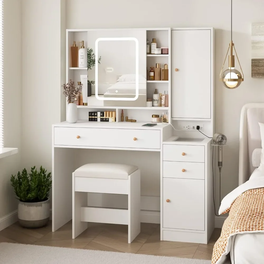 

Vanity Desk with Mirror and Lights, Vanity Table Makeup Vanity with Lights 3 Drawers and Cabinets, Dressing Table