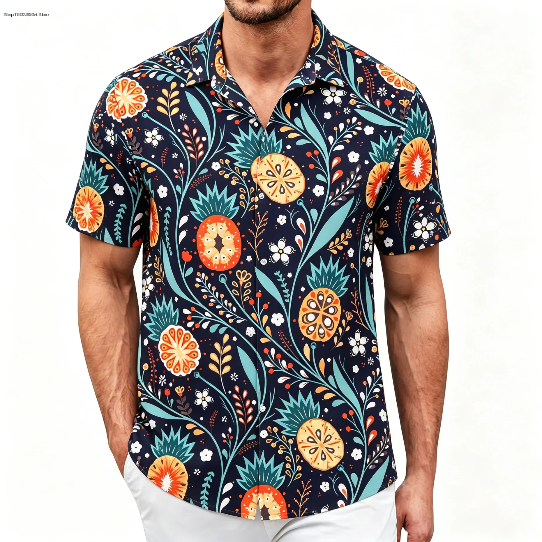 

Men's Tropical Pineapple Shirt Short Sleeve Button Down Blue Floral Graphic Tops Beach Vacation Fashion Male Clothing New Tops
