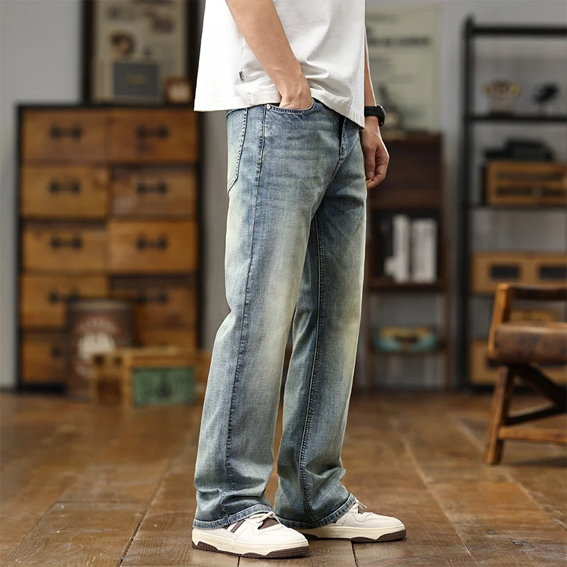 Spring/Summer New American Retro High Street Elastic Denim Pants Size 28-40 Loose Jeans Wide Leg  Baggy Distressed Men Jeans