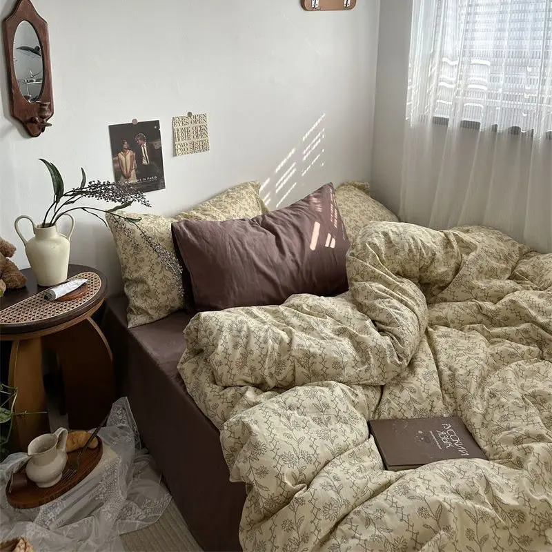 Vintage Floral Bedding Set Brown Duvet Cover Flat Sheet Pillowcases No Filler Girls Boys Full Queen Size Home Soft Bed Linens