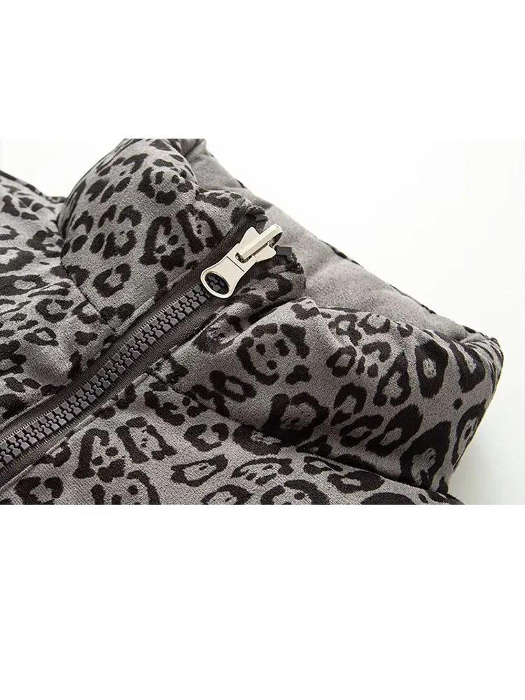 

HH Women's Winter Fashion Reversible Design Retro Wild Leopard Print Down Cotton Vest Female Casual Warm Zipper Pocket Waistcoat