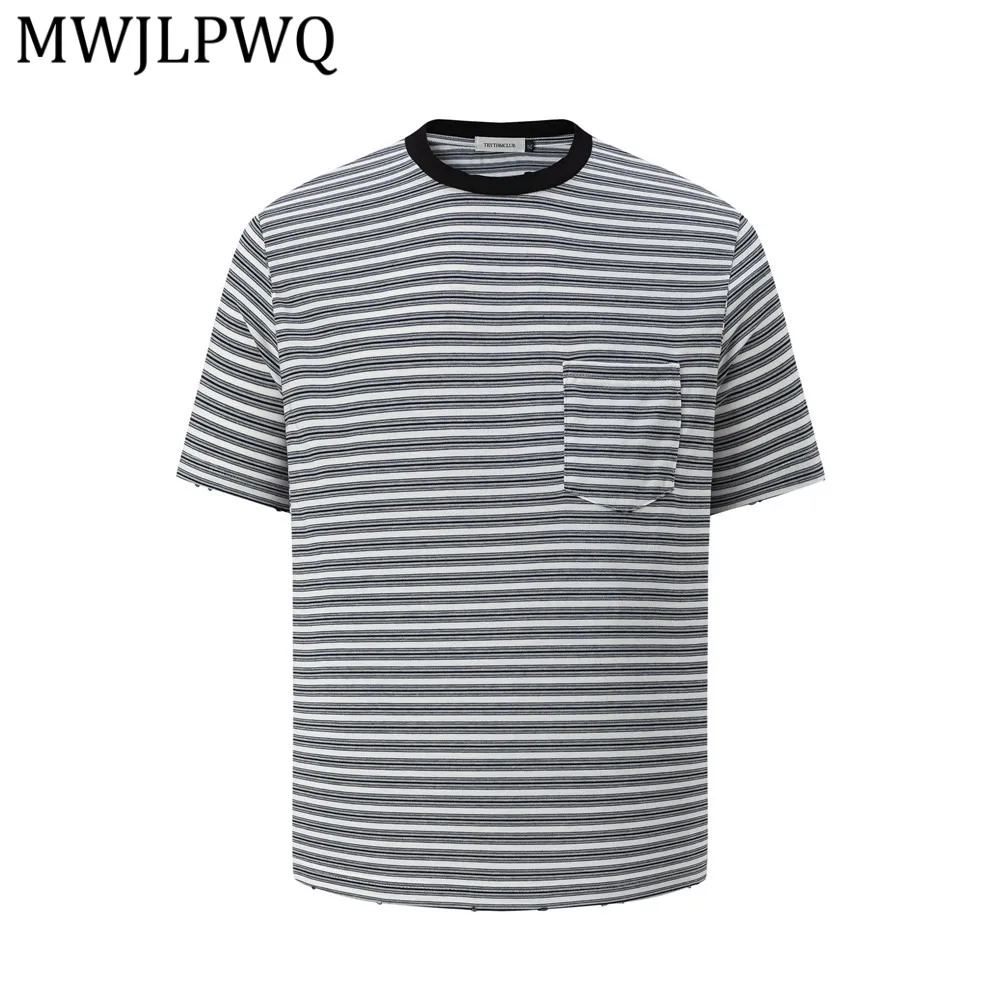 

MWJLPWQ Мужская повседневная футболка в американском стиле с коротким рукавом и полосками, летняя, в американском уличном стиле, с эффектом потертости, 14152