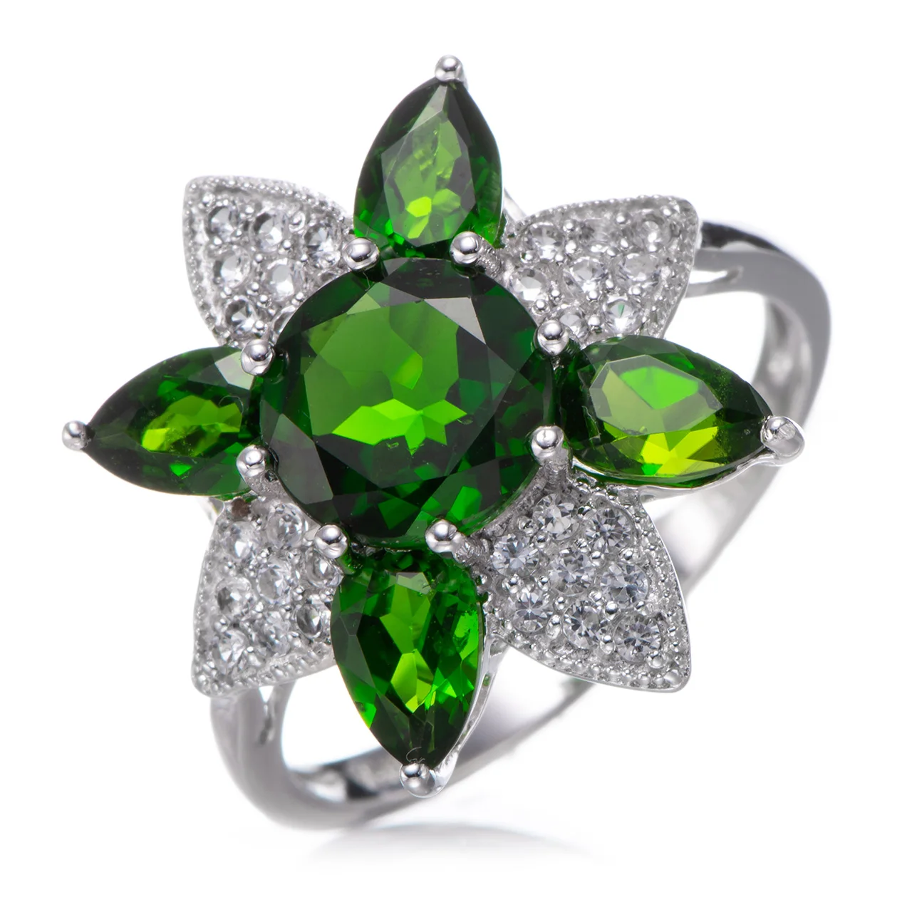 

8mm Chrome diopside and White Topaz Rhodium Over Sterling Silver Ring