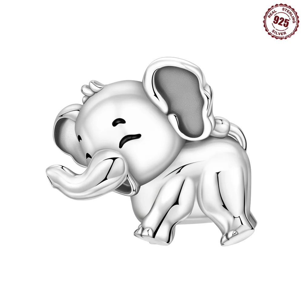 925 Sterling Silver Cute Baby Elephant Charm Smooth Polished Animal Bead fit Bracelet Women Good Fortune Blessing Jewelry Gift
