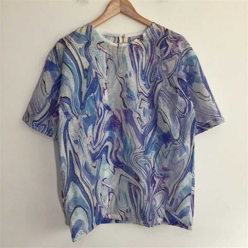 Colorful art Abstract impression Perspective Organza men's summer suit Chinese fashion loose three-quarter sleeve T-shirt