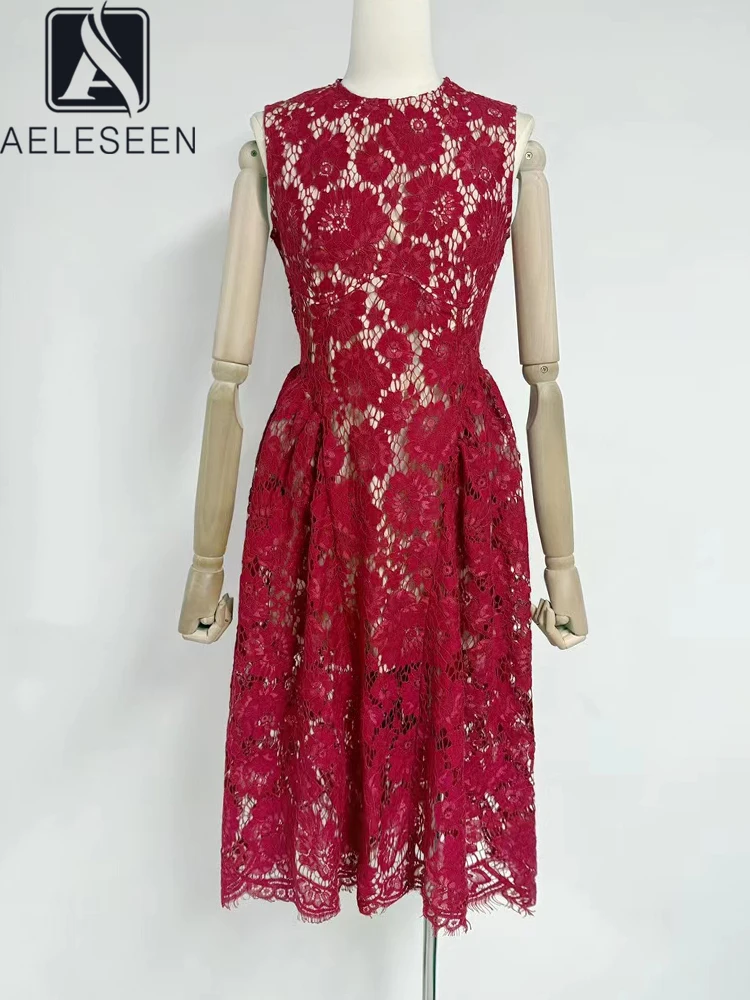

AELESEEN Vintage Summer Midi Lace Dress Women Sleeveless O-Neck Hollow Out Flower Embroidery Elegant Party Casual