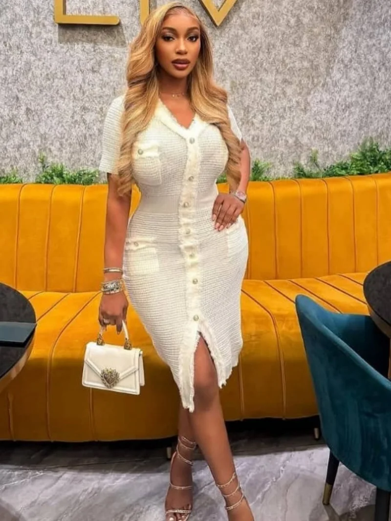 Elegante Gestrickte Abnehmen Kleid Sommer Kleidung Frauen Kurzarm V-ausschnitt Hüfte Paket Midi Kleider OL Stil Stricken Kleid Vestido