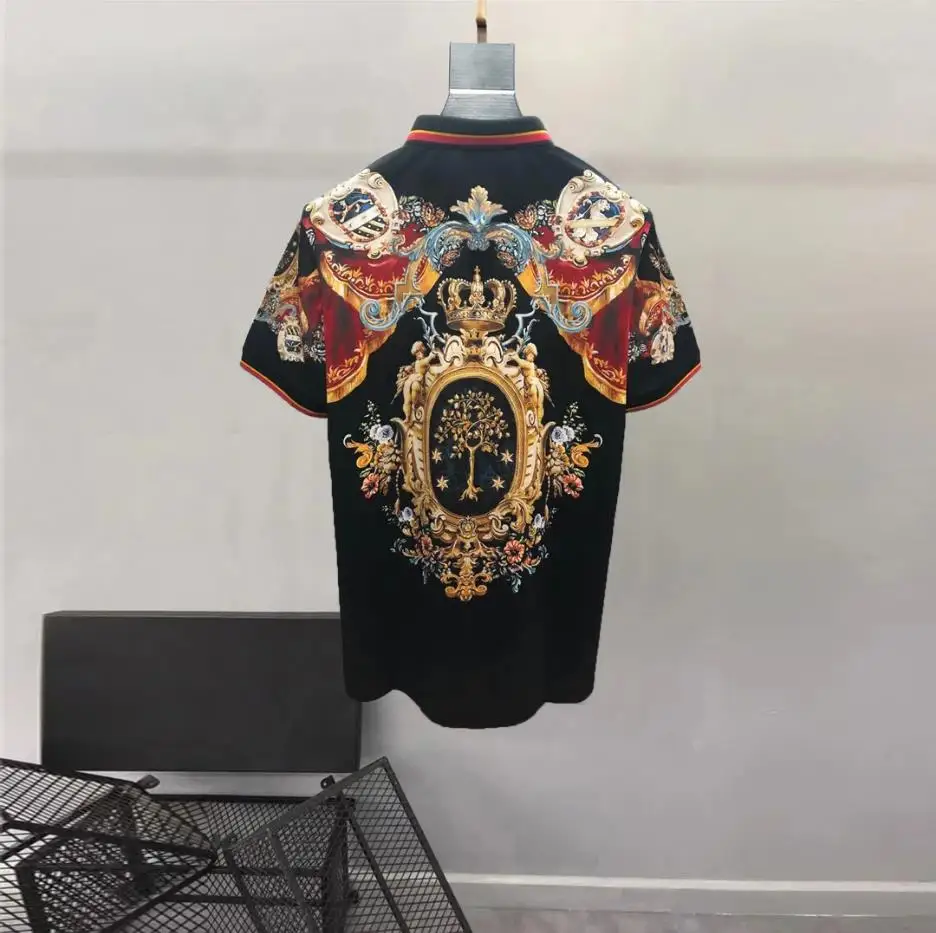 European and American men's wear summer 2022 new Short sleeve lapel black court print Fashion cotton T-shirt