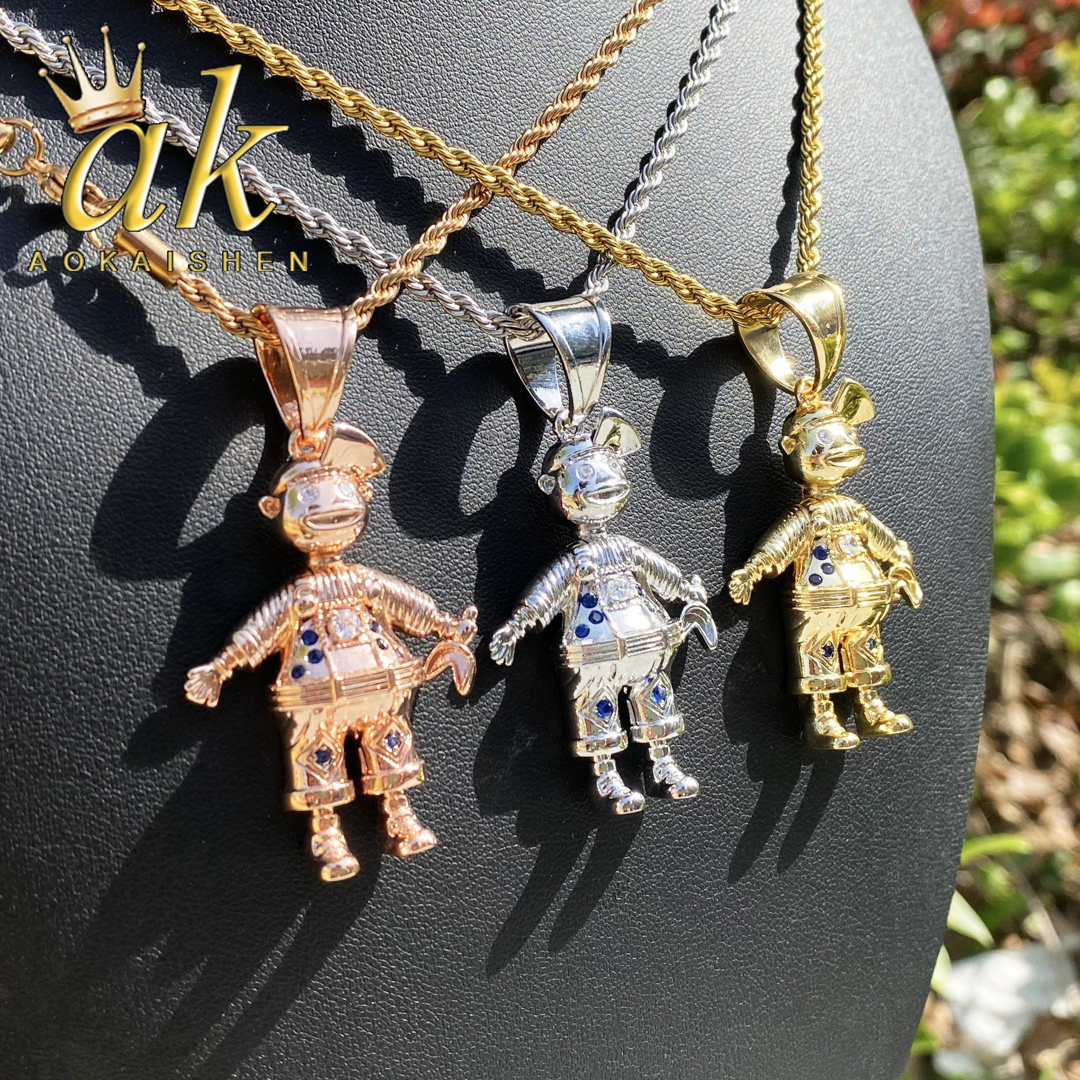 

Aokaishen Iced Out 3D Clown Necklace Pendant for Men Real Gold Plated Cubic Zirconia Hip Hop Jewelry