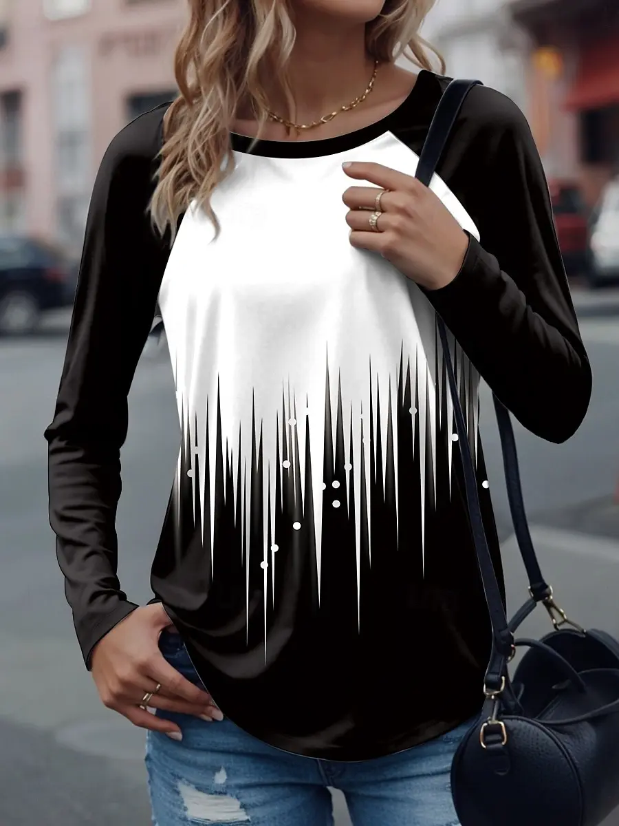

Women's versatile long-sleeved T-shirt 3D printing simple gradient lines elegant printing round neck long-sleeved polyester top