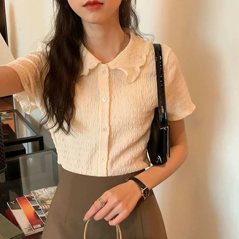 Zoki Folds Cropped Women Shirts Retro Ruffles Casual Solid Preppy Short Sleeve Tops Summer Single Breasted Chic All Match Blouse