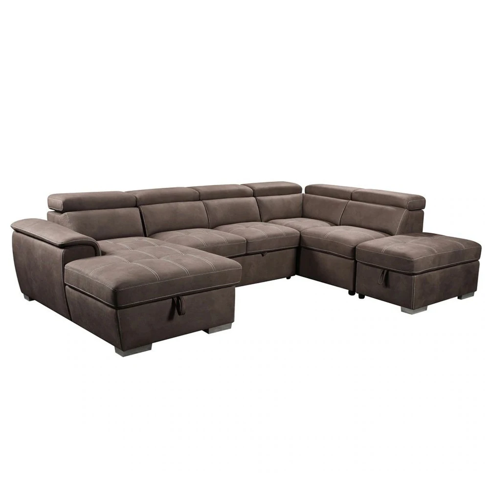 

Luxury Style Leather Sectional Sofa U Shape Corner Sofa Bed Modern Upholstered Brown Sectional Pull Out Sofa Bed with Storage