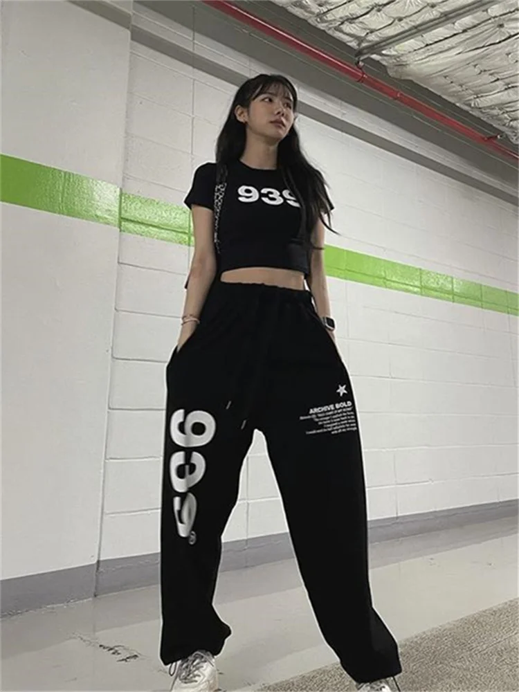 QWEEK Korean Fashion Letter Print Joggers Sweatpants Women Kpop Streetwear Black Oversized Wide Leg Sports Pants Hip Hop Punk