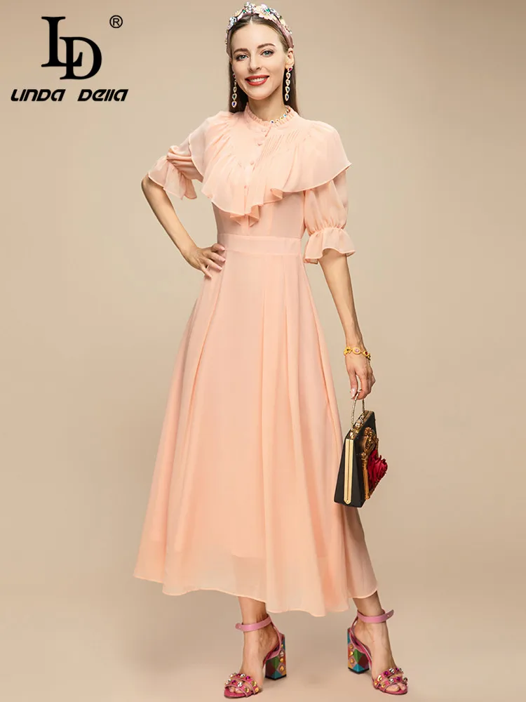 

LD LINDA DELLA 2023 New Fashion Designer Summer Dress Women's Flare Sleeve Single-breasted ruffles Slim Pink Midi Dresses